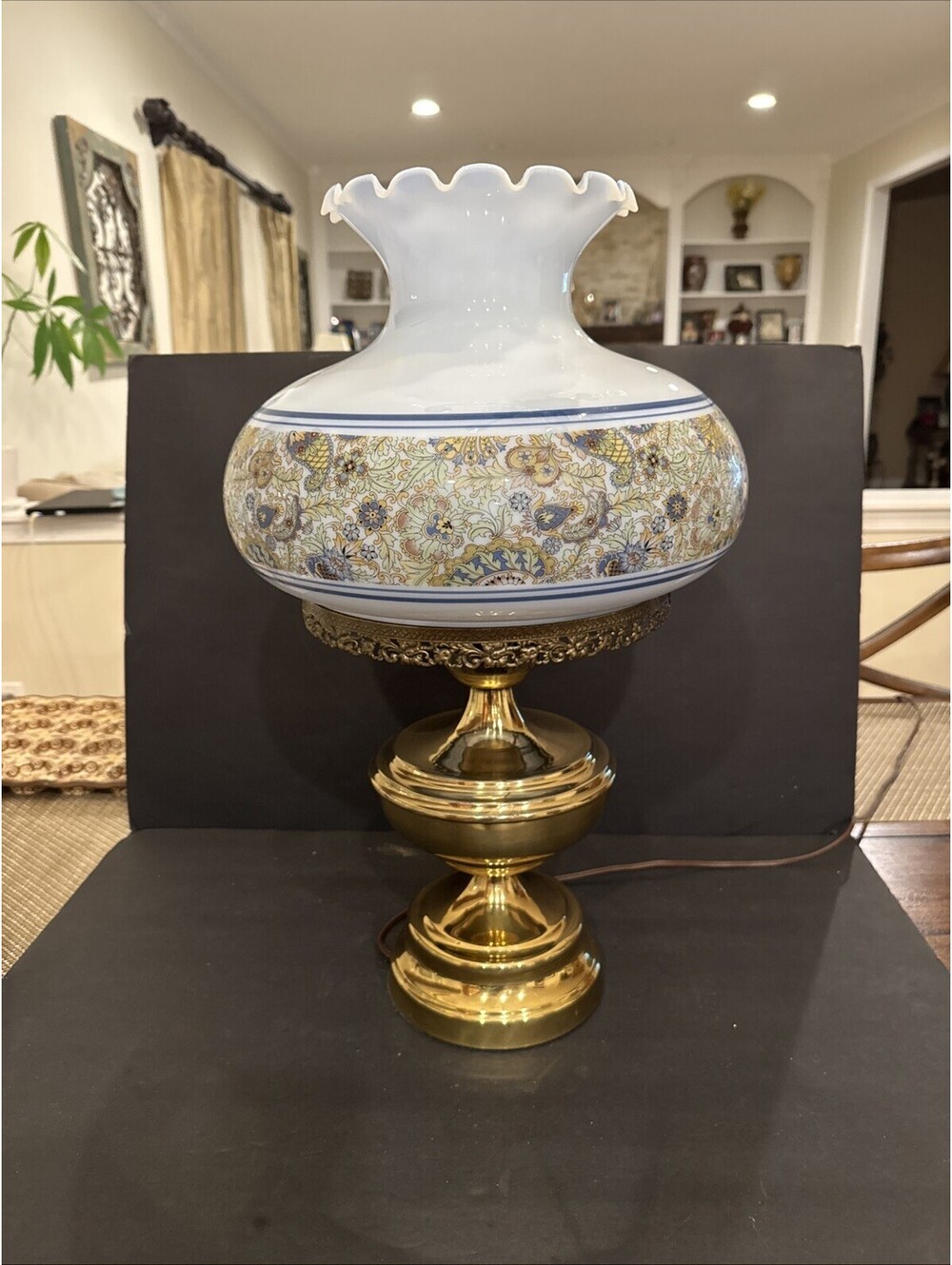 Vintage GWTW Hurricane Lamp Floral Blue Milk Glass Electric Parlor Aladdin 23”